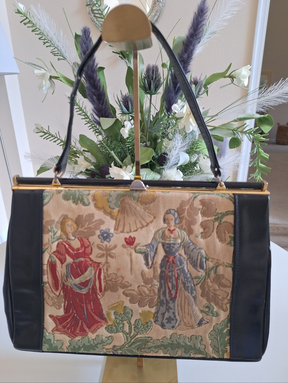 Vintage Tapestry Panel Top-Handle Bag in Black and Multicolor- Fassbender